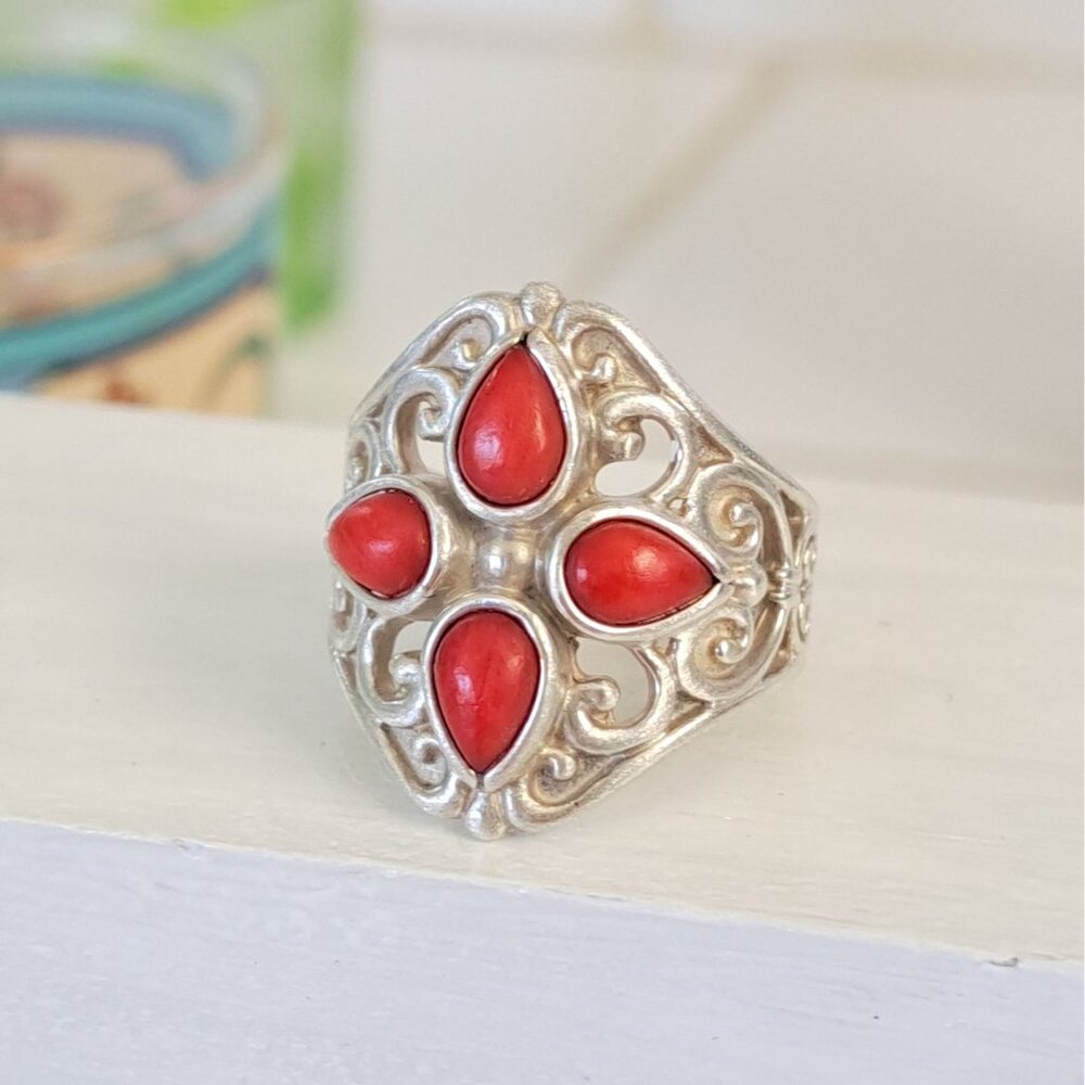 Vintage Coral Cluster Southwestern Filigree Sterling Ring by Artist Carolyn Poll - Picture 1 of 15